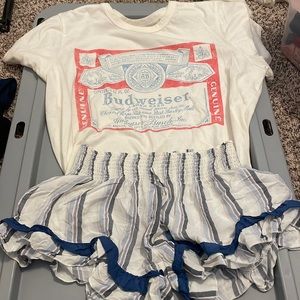 Budweiser top, paired with white and blue shorts, size medium shorts, XL top